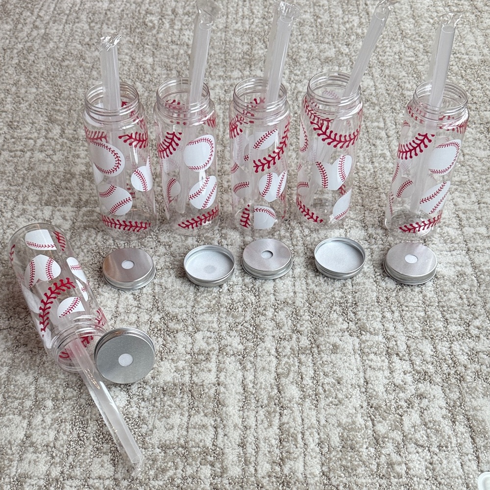 Baseball Print Clear Water Bottles with Straws